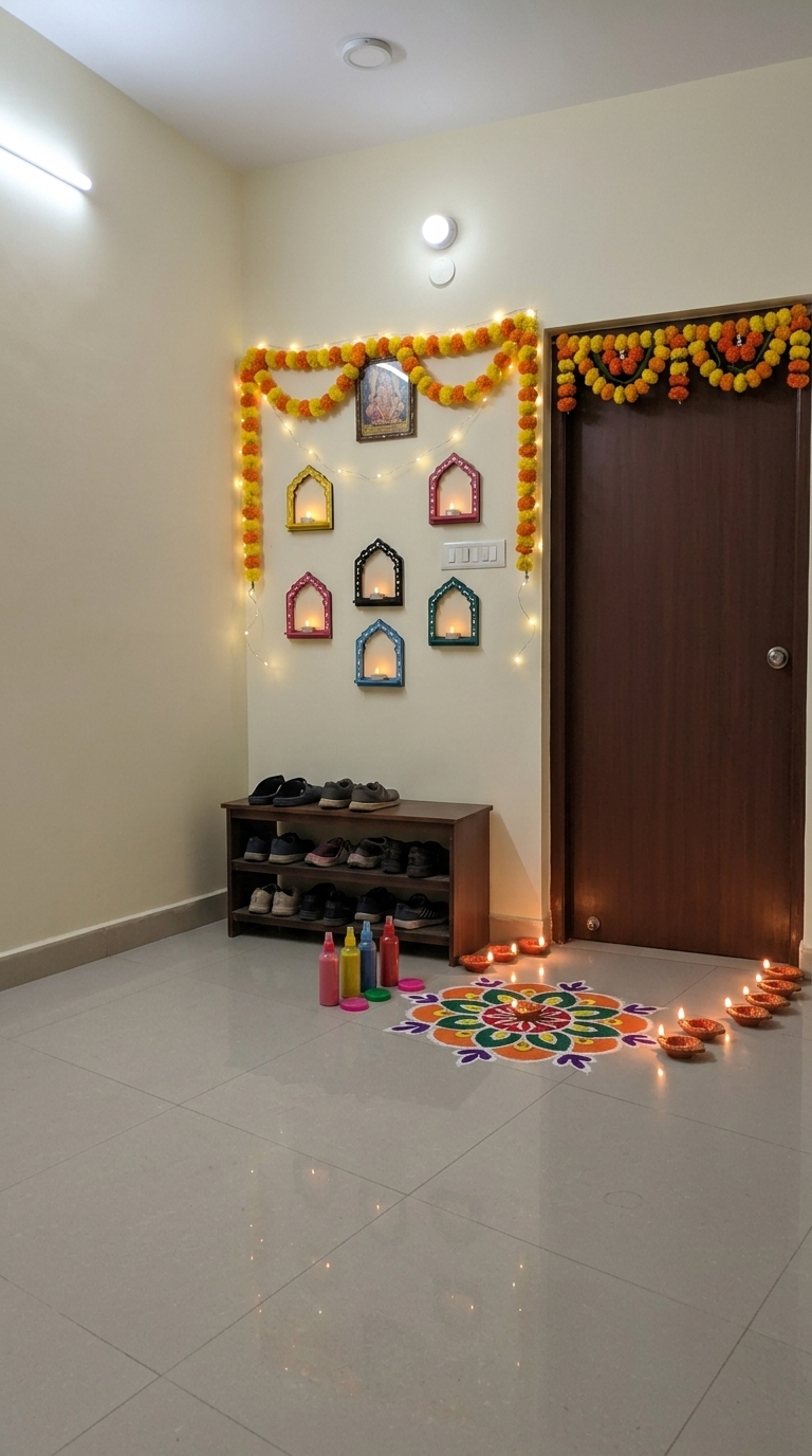 Traditional diya Diwali decoration idea with diwali wall toran, diwali fairy string lights and diwali decorative wall hanging
