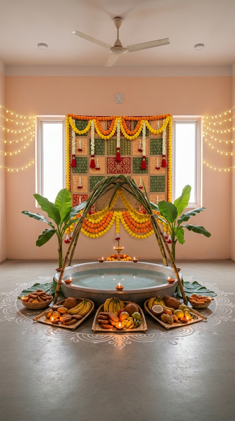Banana leaf & marigold Chhath Puja decoration idea with chhath puja arghya backdrop, chhath puja water tub and artificial banana plants