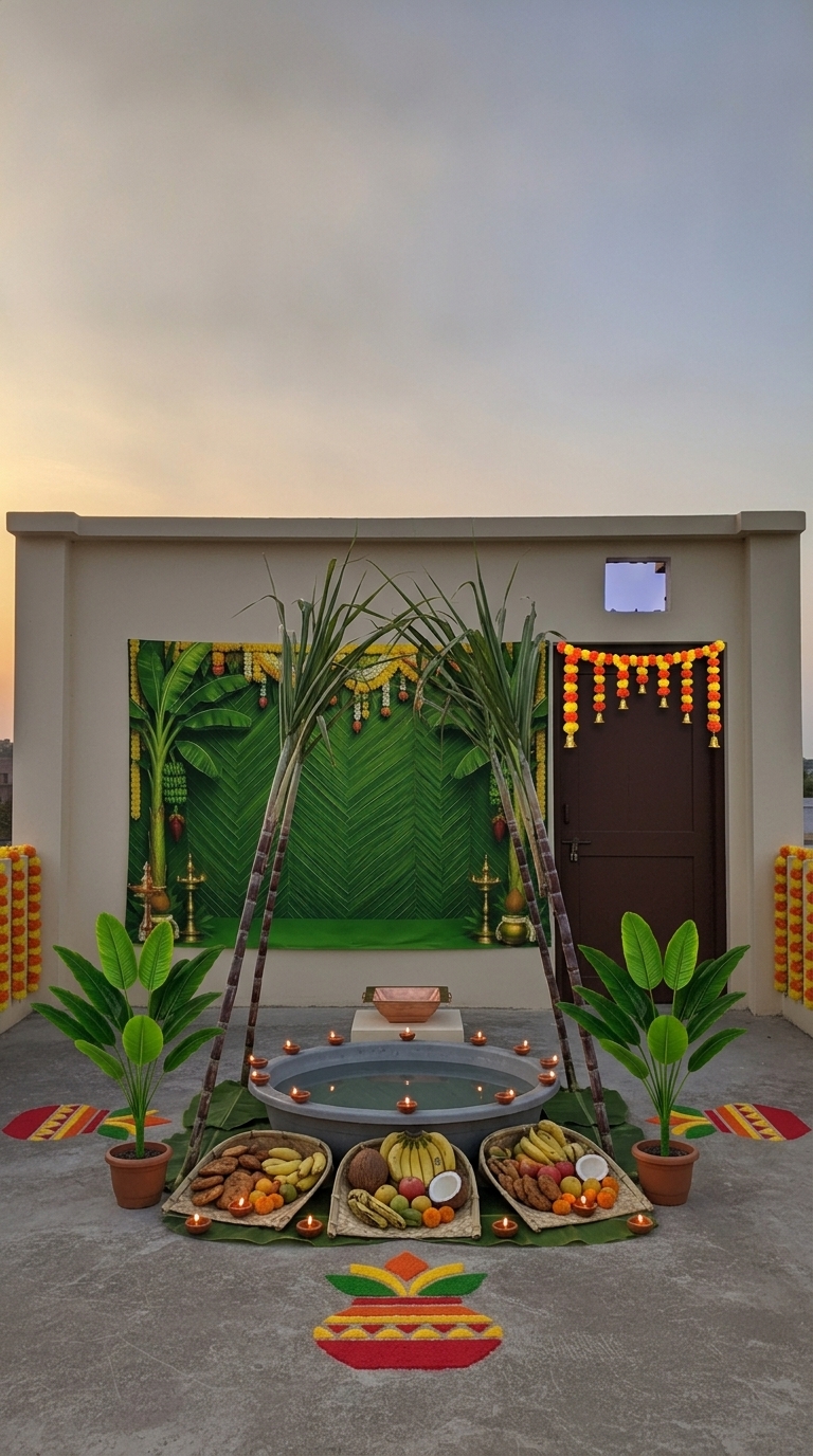 Sugarcane canopy Chhath Puja decoration idea with chhath puja arghya ghat canopy frame, chhath puja arghya kund and artificial banana plants