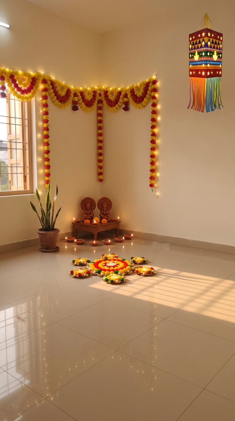 Traditional diya Diwali decoration idea with diwali toran, diwali string lights and diwali diya set
