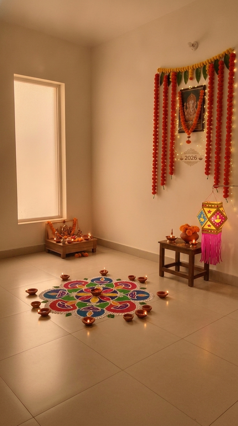 Traditional diya Diwali decoration idea with diwali decoration backdrop, diwali main door toran and diwali fairy lights