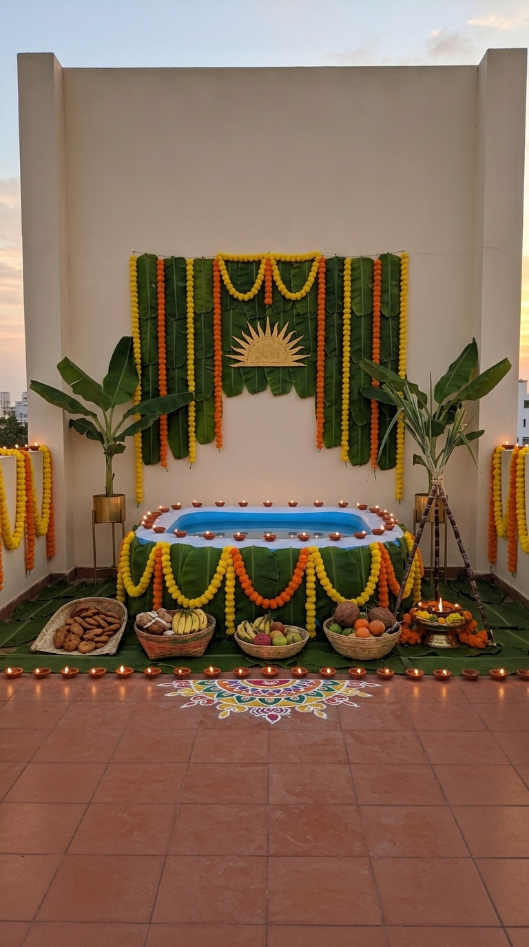 Complete ghat Chhath Puja decoration idea with chhath puja arghya kund, artificial banana plants and artificial banana leaves