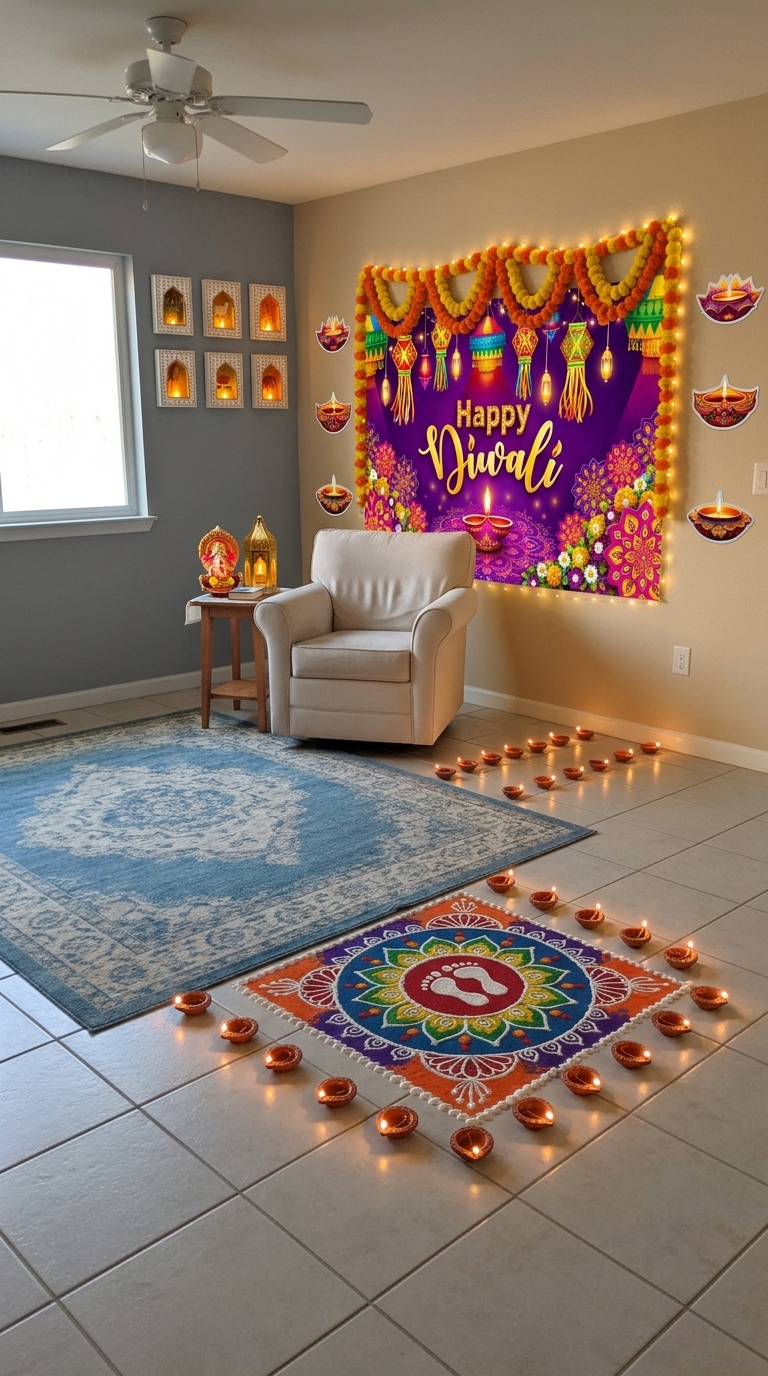 Traditional diya Diwali decoration idea with diwali wall tapestry, diwali toran and diwali string lights