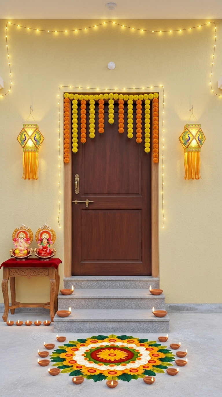Traditional diya Diwali decoration idea with diwali rangoli sticker, traditional clay diyas and artificial marigold toran