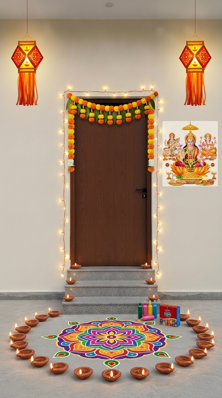 Traditional diya Diwali decoration idea with diwali door toran, diwali rangoli stencil kit and diwali earthen diyas