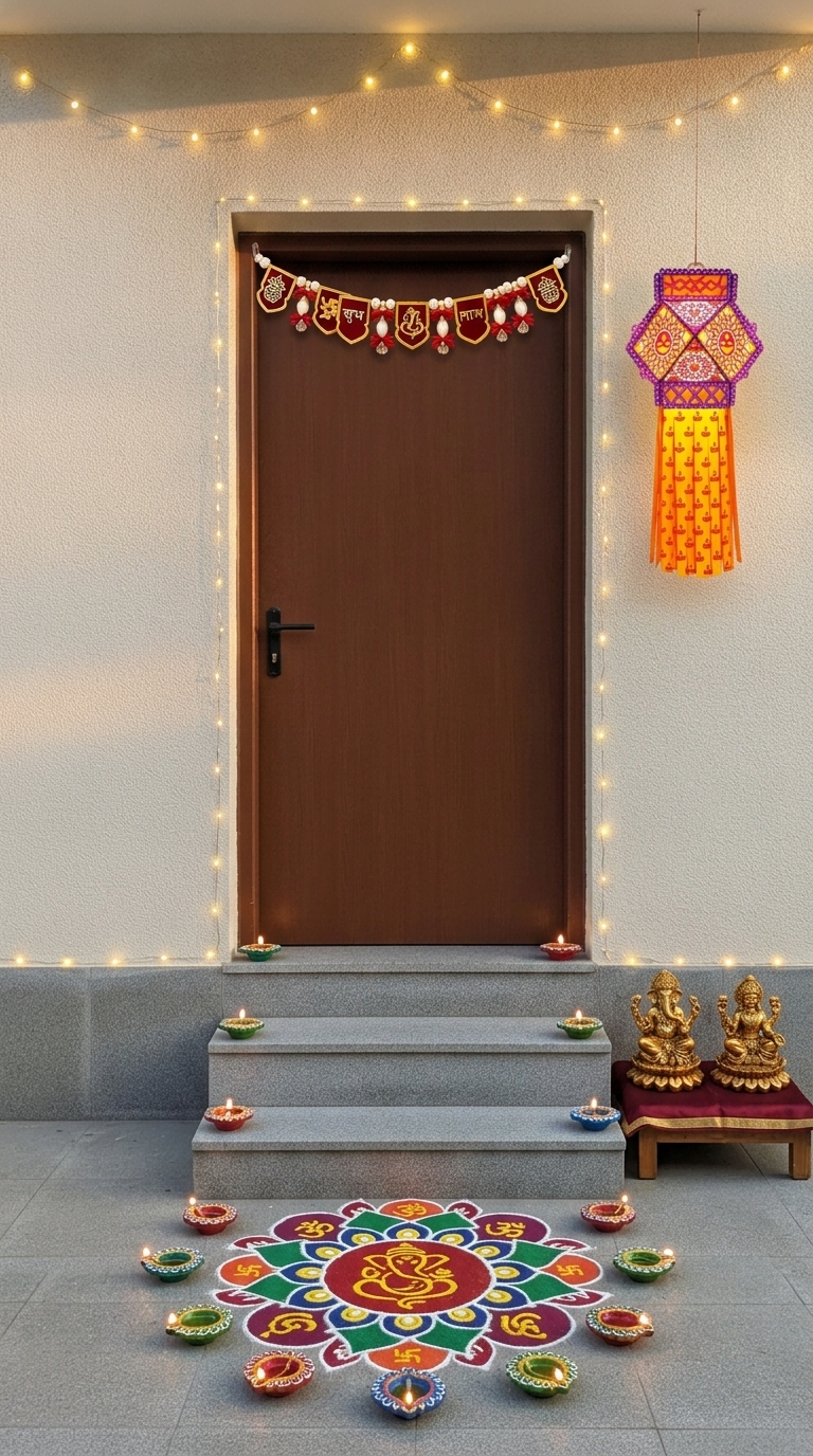 Royal Diwali decoration idea with diwali entrance toran, diwali rangoli floor stencil and diwali clay diyas set