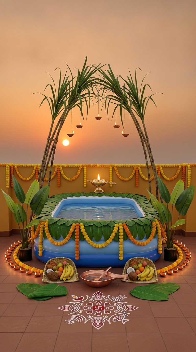 Complete ghat Chhath Puja decoration idea with chhath puja arghya kund, artificial banana plants and artificial banana leaves