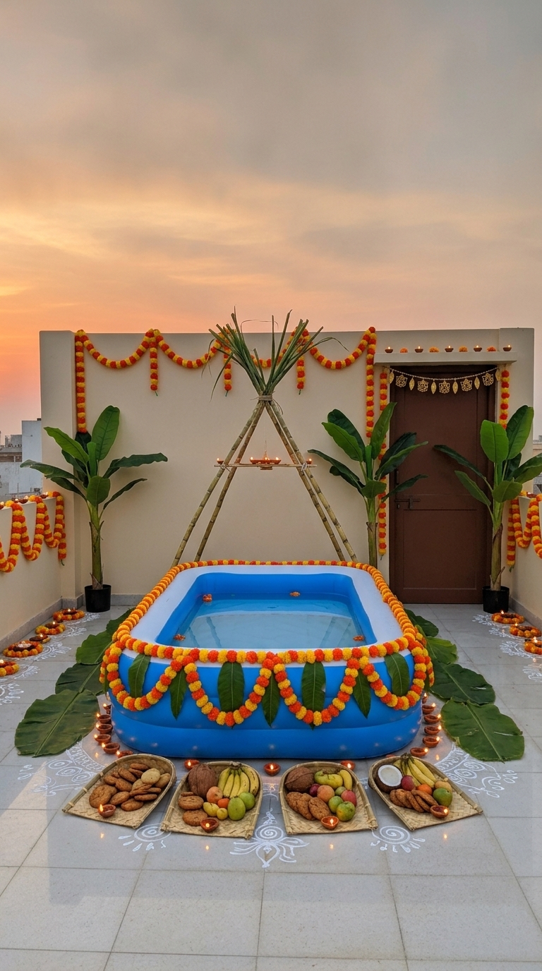 Complete ghat Chhath Puja decoration idea with chhath puja water kund, artificial banana plant and chhath puja kosi lamp set