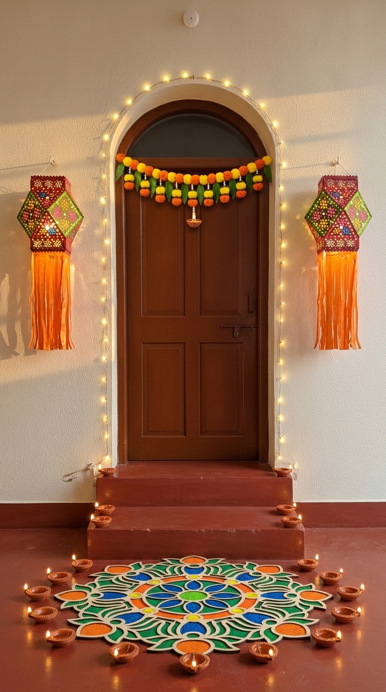 Traditional diya Diwali decoration idea with diwali traditional toran, diwali fairy lights and diwali rangoli kit