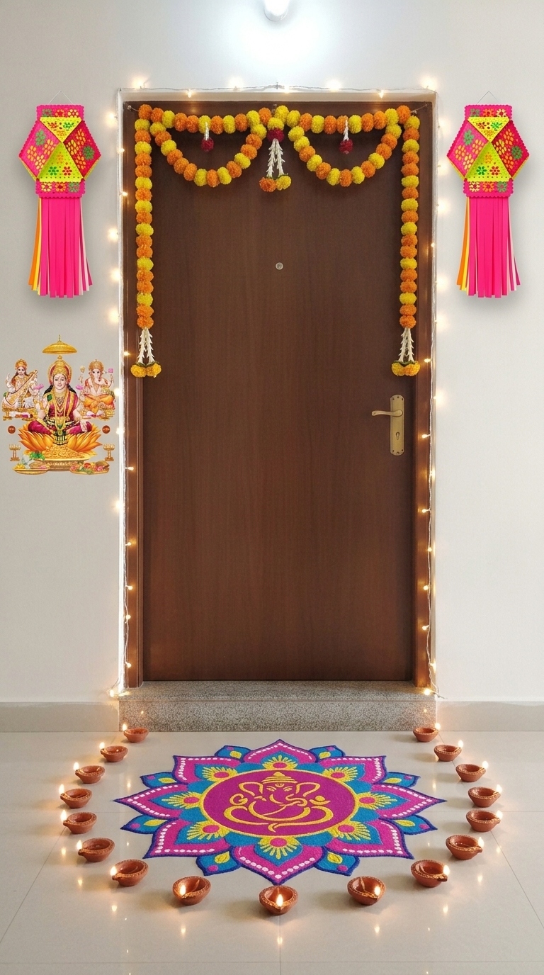 Traditional diya Diwali decoration idea with diwali main door toran, diwali fairy lights and diwali decorative lanterns