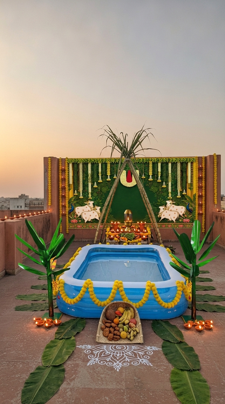 Complete ghat Chhath Puja decoration idea with chhath puja traditional backdrop, artificial banana plants and artificial banana leaves string