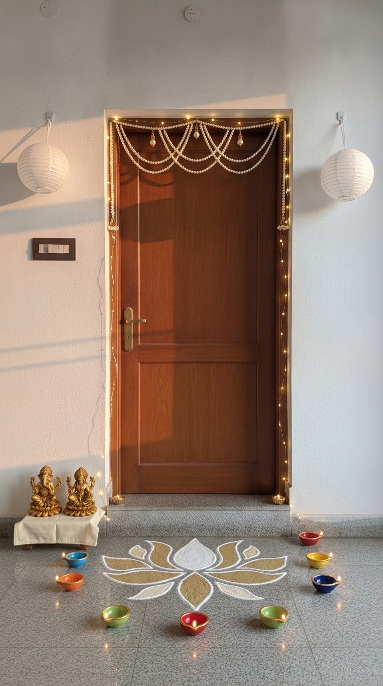 Modern minimal Diwali decoration idea with diwali door toran, diwali fairy lights and diwali hanging lanterns