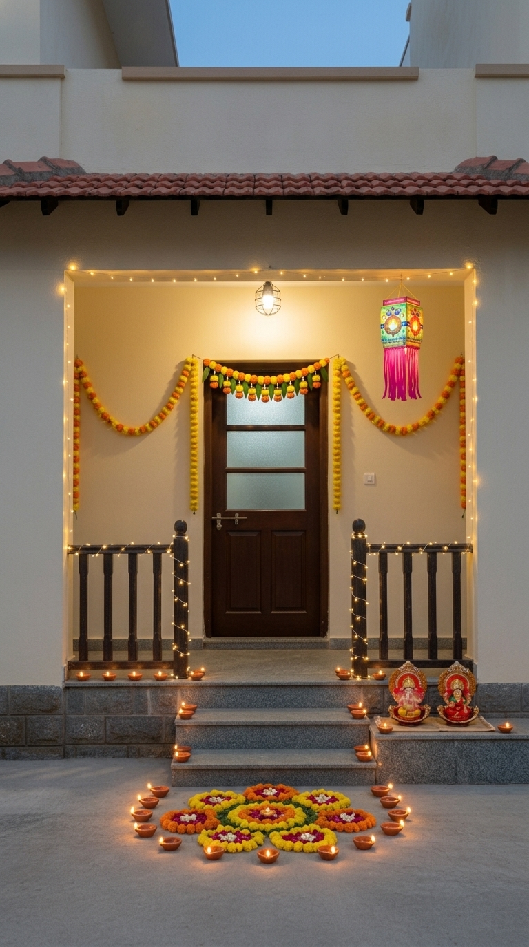 Traditional diya Diwali decoration idea with diwali entrance toran, diwali floor rangoli (finished art) and diwali terracotta diyas