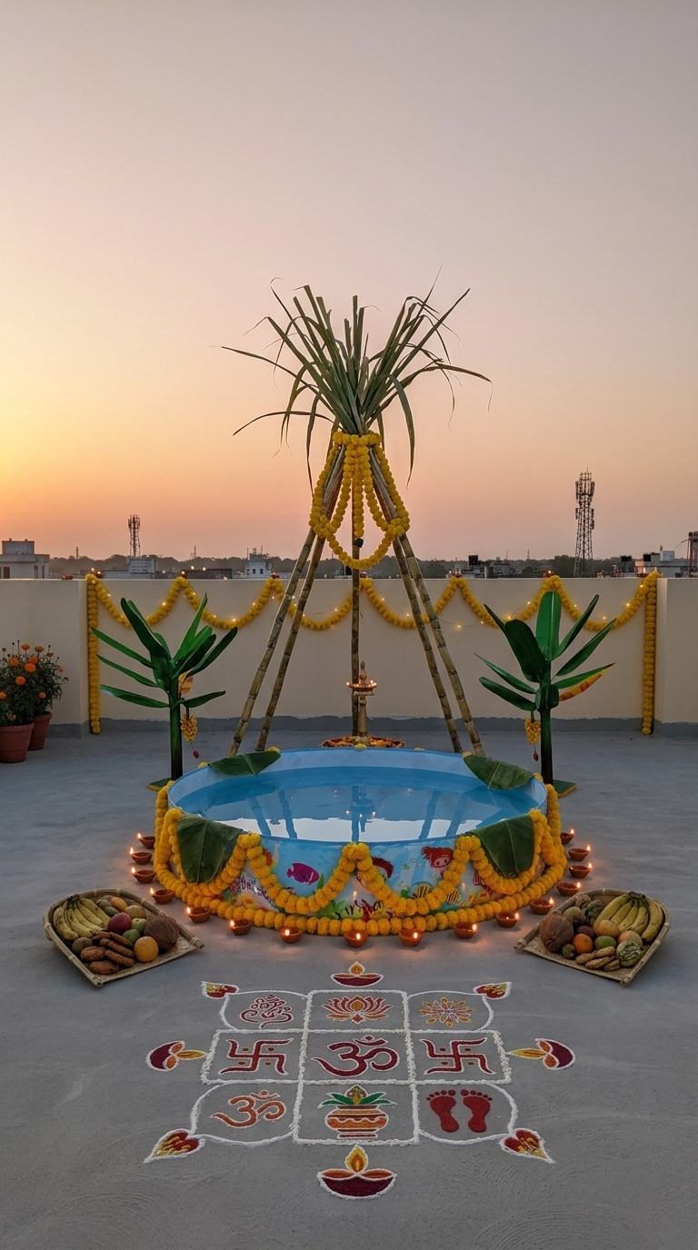 Complete ghat Chhath Puja decoration idea with chhath puja arghya kund, artificial banana plants and artificial sugarcane stalks