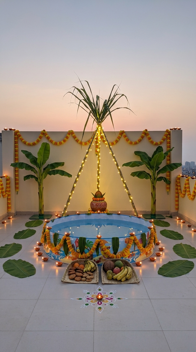 Complete ghat Chhath Puja decoration idea with chhath puja arghya kund, chhath puja banana plant decor and chhath puja sugarcane stalks