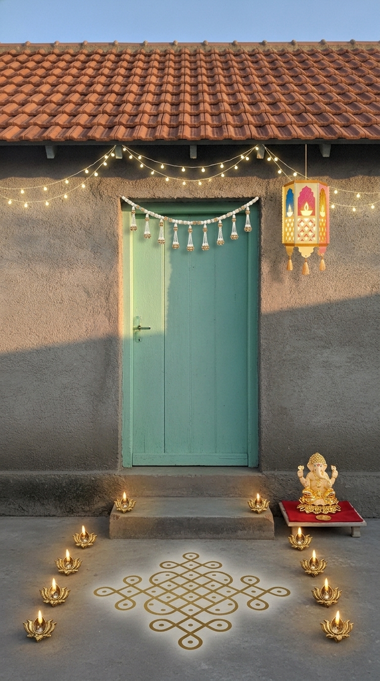 Modern minimal Diwali decoration idea with diwali entrance toran, diwali string lights and diwali floor rangoli decal