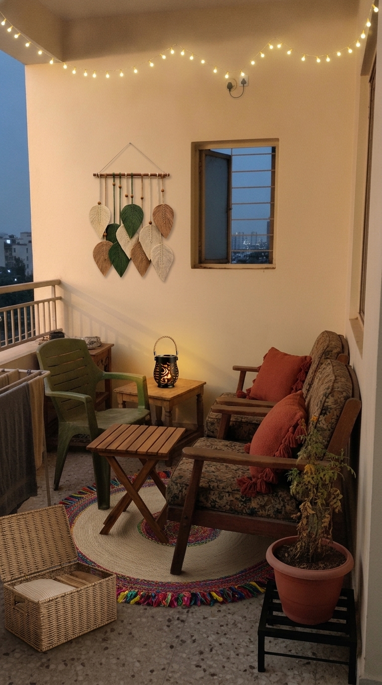 Balcony makeover idea with outdoor area rug, outdoor string lights and decorative planter