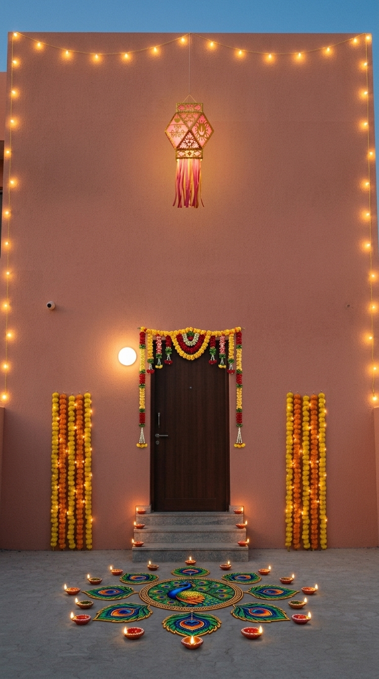 Royal Diwali decoration idea with diwali main door toran, diwali floor rangoli and diwali decorative diyas