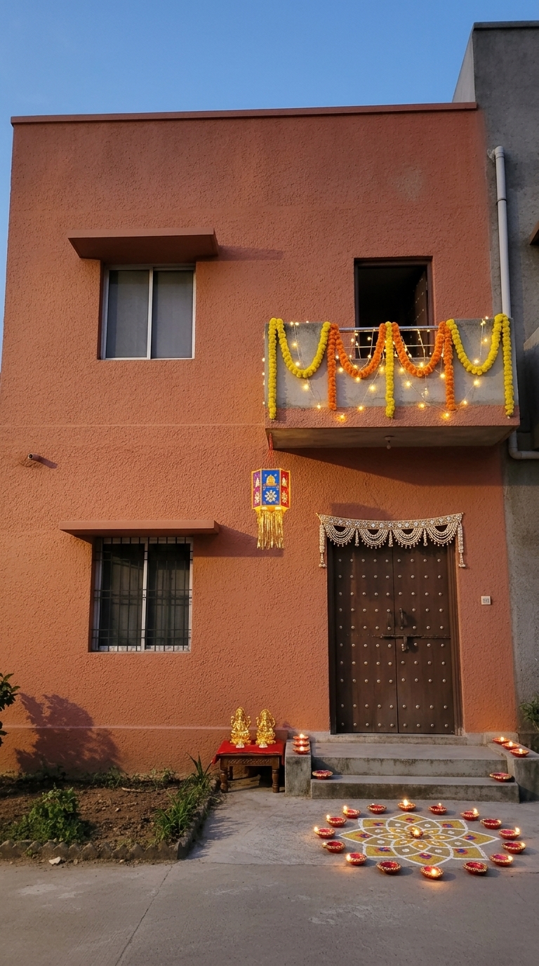 Modern minimal Diwali decoration idea with diwali main door toran, diwali floor rangoli and diwali oil lamps