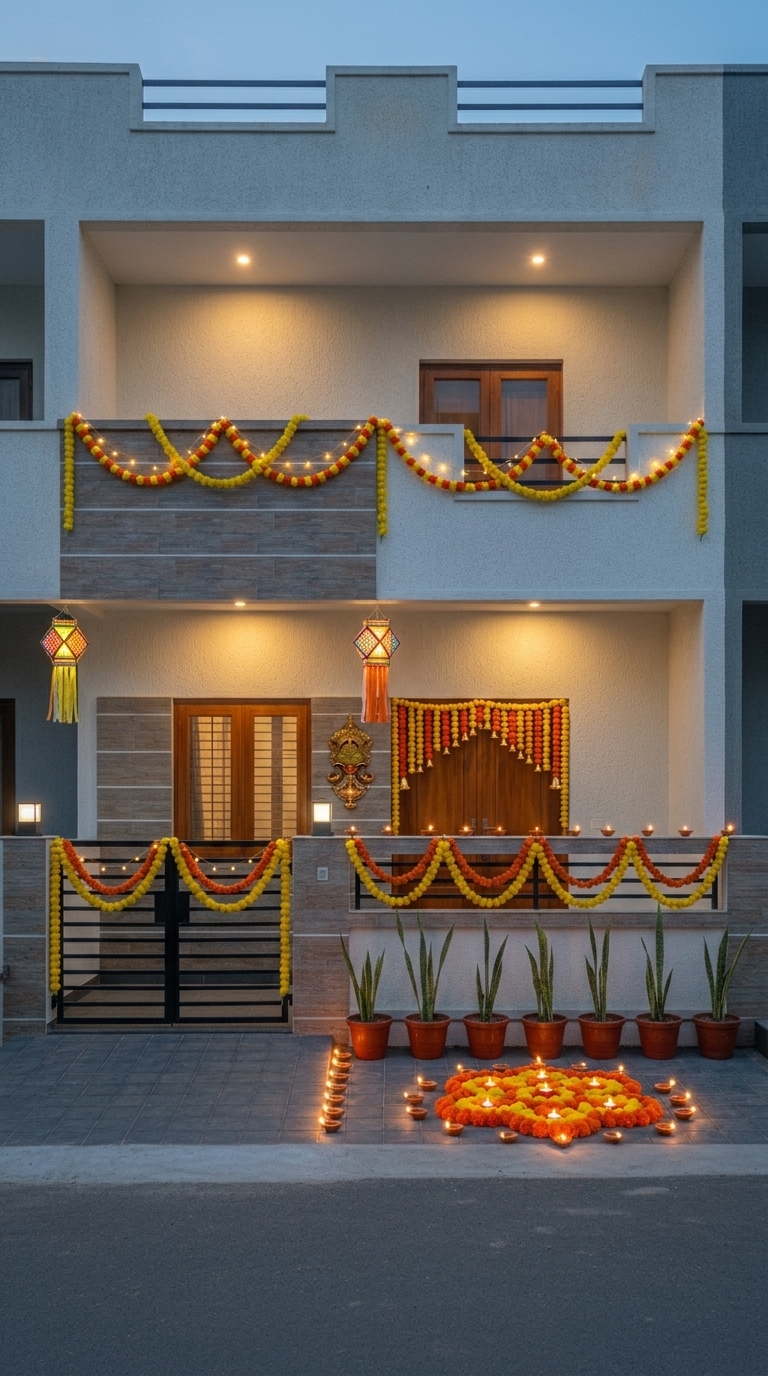 Traditional diya Diwali decoration idea with diwali rangoli, traditional clay diyas and marigold toran